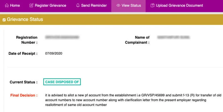 EPFO Grievance Status Meanings
