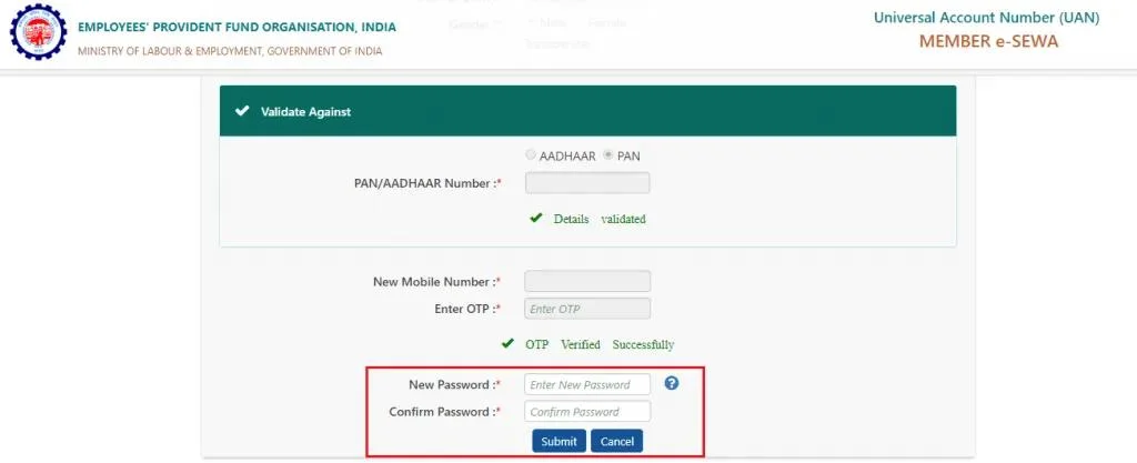 UAN password reset: Enter and confirm your new password