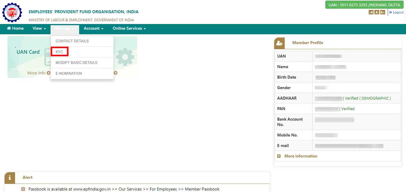 Update KYC on Unified Member Portal Screenshot
