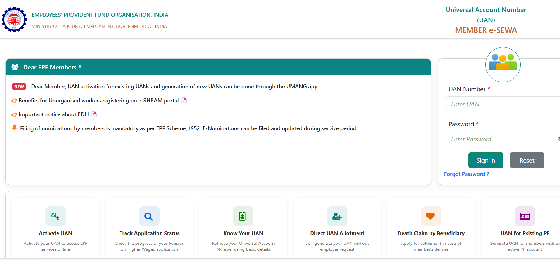 EPF Unified Member Portal homepage