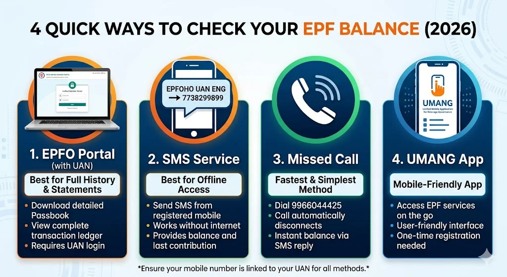 How to Check EPF Balance (2026): With UAN, Without UAN, SMS, UMANG & Passbook