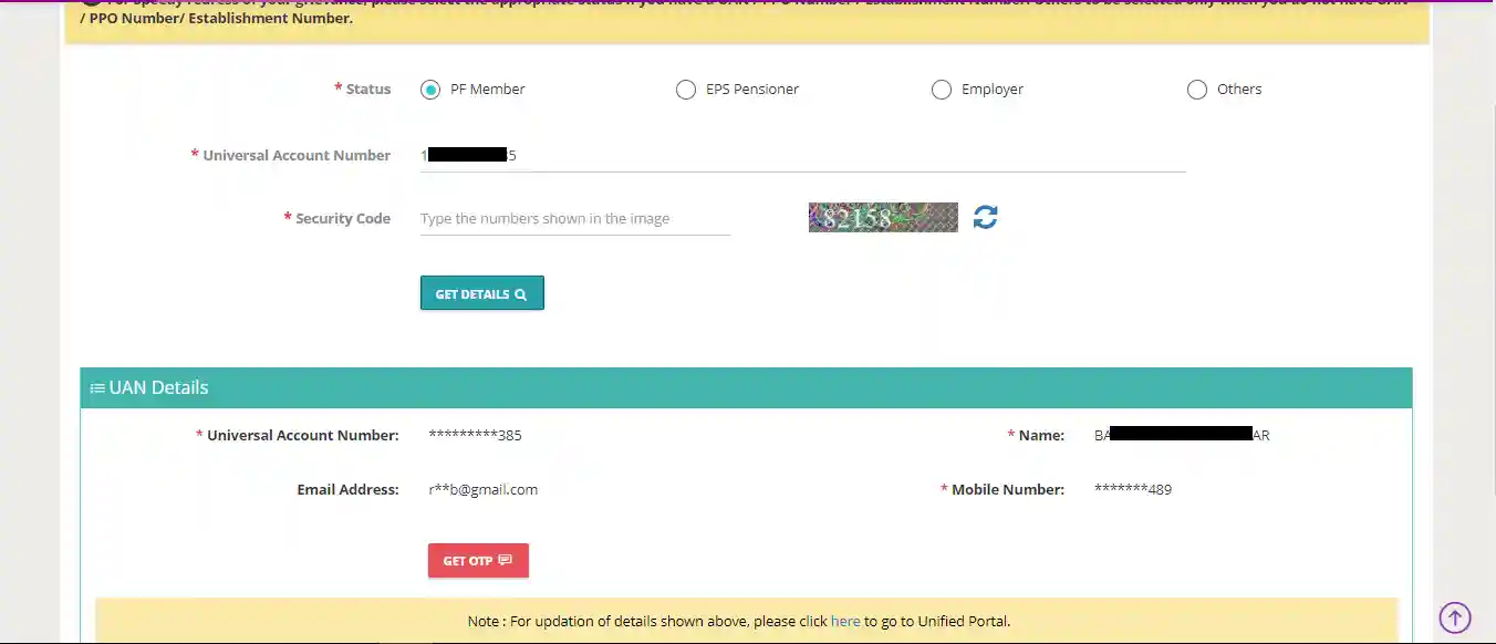 Form with PF member status selected, fields for Universal Account Number, security code, and UAN details. Captcha and masked info visible.