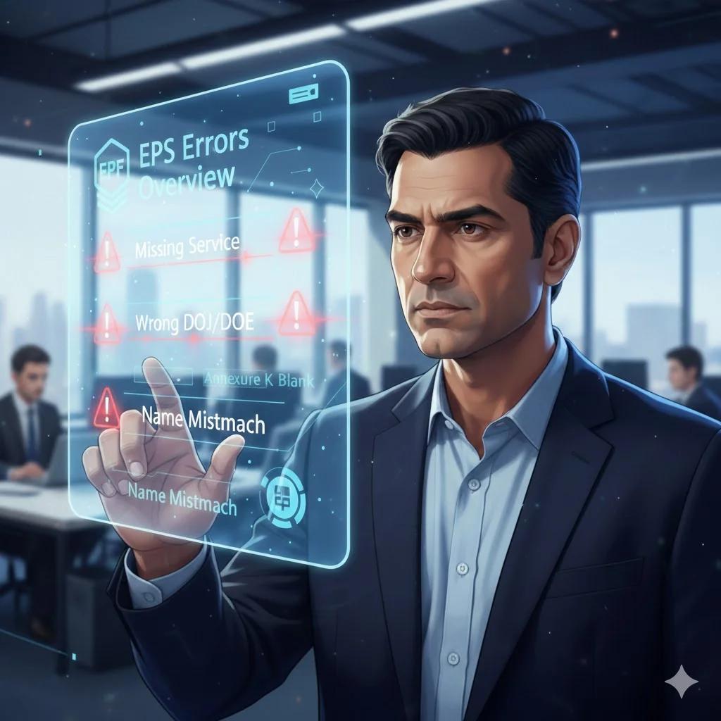 EPF passbook showing errors like missing service and wrong DOJ/DOE.